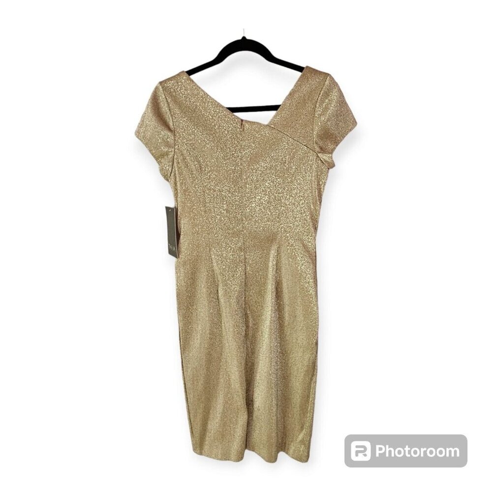 THEIA Gold Sparkle draped short sleeve midi party cocktail dress size 8 NWT - Picture 3 of 13